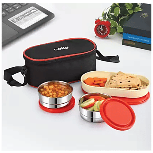 Cello Exe Lunch Box - Stainless Steel, Red, For Office & School, Washable, Easy To Clean, 300 ml (Set of 3) 