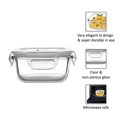 Cello Lunch Box - Delighta, Borosilicate Glass, Square, Clear, With Jacket, Microwave Safe, 320 ml (Set of 2) 