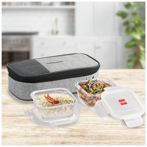 Cello Lunch Box - Delighta, Borosilicate Glass, Square, Clear, With Jacket, Microwave Safe, 320 ml each (Set of 2) 