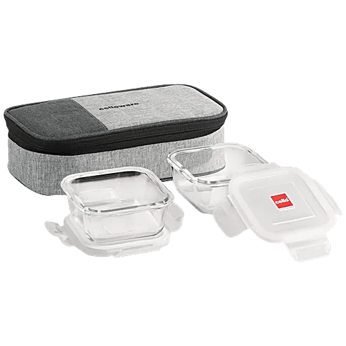 Cello Lunch Box - Delighta, Borosilicate Glass, Square, Clear, With Jacket, Microwave Safe, 320 ml (Set of 2) 