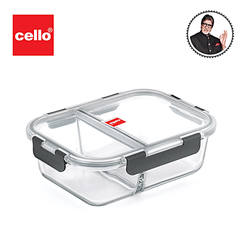 Cello Container - Borosilicate Glass, Rectangular, Extra Large, Clear, Sleek, Microwavable, Partition, Break Free Detachable Locks, 1.4 L  