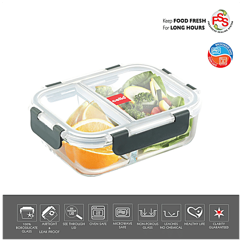 Cello Container - Borosilicate Glass, Rectangular, Extra Large, Clear, Sleek, Microwavable, Partition, Break Free Detachable Locks, 1.4 L  