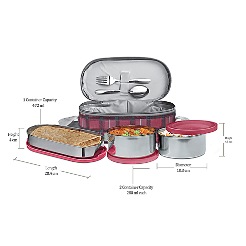 Milton Corporate Lunch Box - Stainless Steel, Oval & Round Containers, Leakproof, Maroon, 3 pcs  