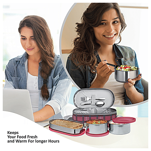 Milton Corporate Lunch Box - Stainless Steel, Oval & Round Containers, Leakproof, Maroon, 3 pcs  