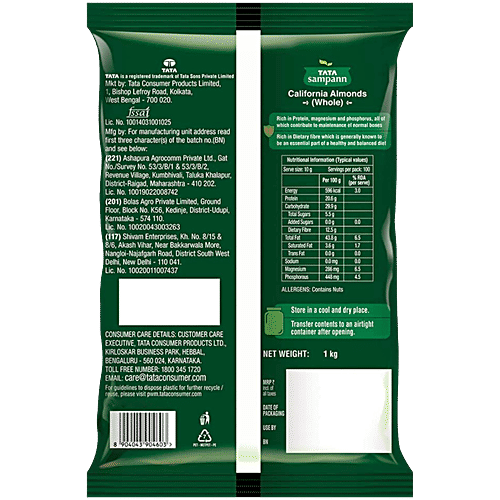 Tata Sampann California Almonds, 1 kg  Crunchy Nuts, Deluxe Size, Rich in Protein & Dietary Fibre, Rich in Magnesium & Phosphorus