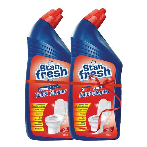 STANFRESH Super 6 In 1 Toilet Cleaner - Kills 99.9% Germs, Leaves Shiny Clean Finish, Rose World, 1 L (Pack of 2) 