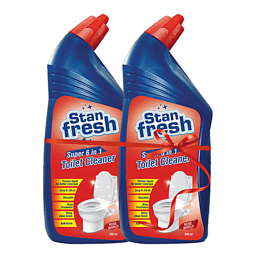 Stanfresh Super 6 In 1 Toilet Cleaner - Kills 99.9% Germs, Leaves Shiny Clean Finish, Rose World, 1 L (Pack of 2) 