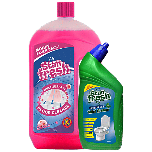 Stanfresh Super 6 In 1 Toilet Cleaner & Multi-Surface Floor Cleaner - Mint & Rose World, 2 pcs (500 ml + 1 L)
