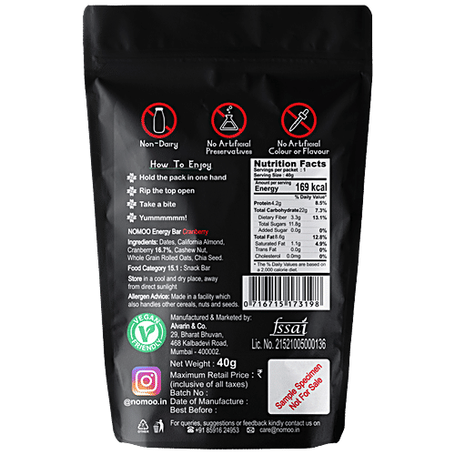 NOMOO Energy Bar - Cranberry, Dairy Free, Nut Based Snacks, All Natural, No Added Sugar, Vegan, 40 g