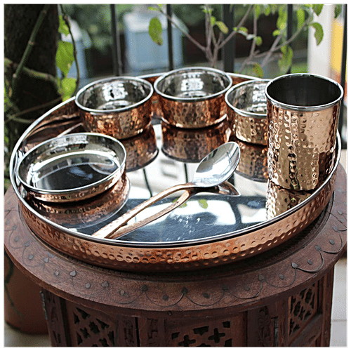 Decan Pure Copper Thali Set - Katori's, Spoon, Glass & Halwa Plate, Durable, Rust Free, 7 pcs  