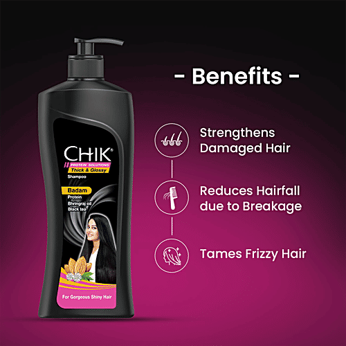 Chik Protein Solutions Thick & Glossy Shampoo - With Badam, Bhringraj Oil & Black Tea, For Shiny Hair, For Men & Women, 650 ml