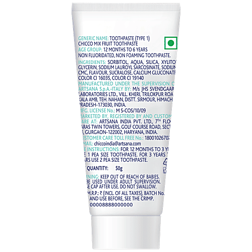 Chicco Mix Fruit Toothpaste - No Fluoride, Prevents Dental Cavity, For 12 Months To 6 Year Kids, 50 g  