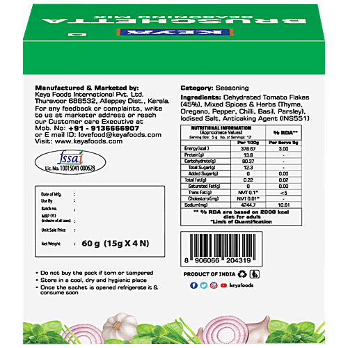 Keya Bruschetta Seasoning Mix - Easy, Authentic, No Added Preservatives, 60 g (4N x 15 g each) 