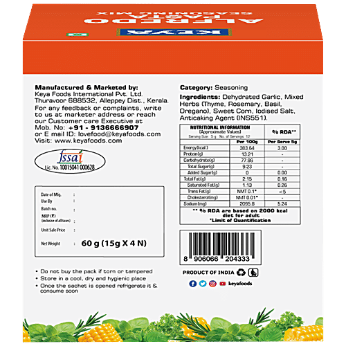 Keya Alfredo Pasta Seasoning Mix - Easy, Authentic & No Added Preservatives, 60 g (4N X 15 g each) 