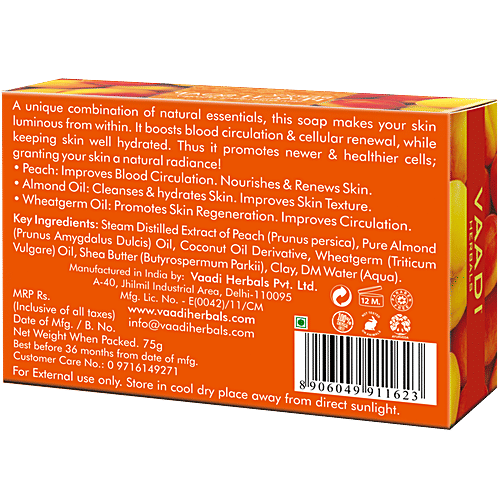 Vaadi Herbals Perky Peach Soap With Almond Oil - Handmade, Skin Nourishing Therapy, 75 g