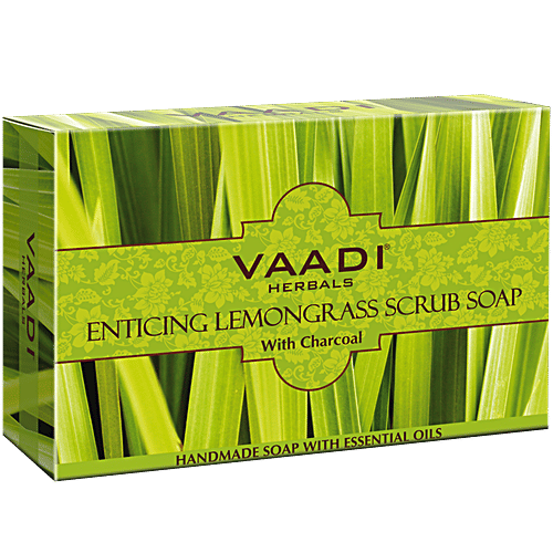 Vaadi Herbals Enticing Lemongrass Scrub Soap With Charcoal - Handmade, Hydrates Skin, 75 g  