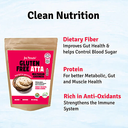 Jus Amazin Gluten Free Atta For Rotis, Pooris & Baking - Multigrain, Millets, Quinoa & Amaranth, Natural, 1 kg  Certified Gluten Free
 Multigrain Goodness
 Soft Rotis Even After 6 Hours