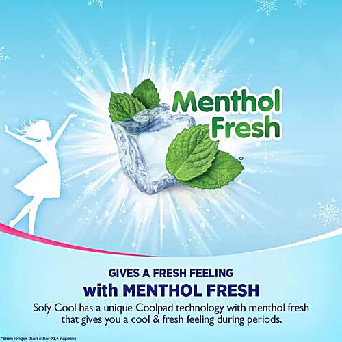 Sofy Cool Freshness Sanitary Pads - Menthol Fresh, Ultra Slim, Prevents Leakage, Super XL+, 6 pcs  