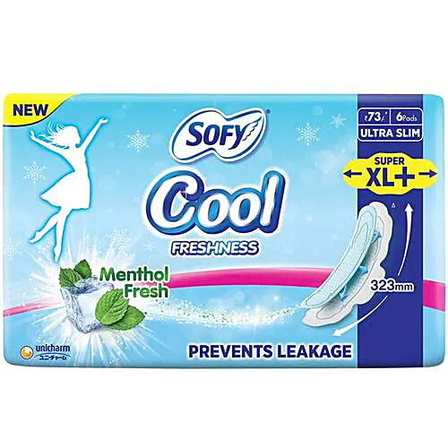 Sofy Cool Freshness Sanitary Pads - Menthol Fresh, Ultra Slim, Prevents Leakage, Super XL+, 6 pcs  