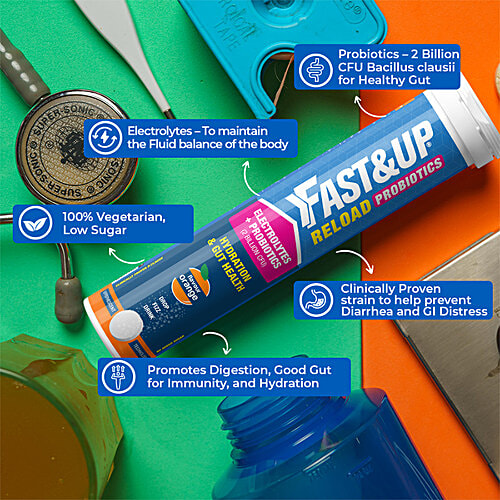 Fast&Up Reload Probiotics Electrolytes + Probiotics Effervescent Tablets - Hydration, Digestion, & Immunity, Orange Flavour, 20 Tabs