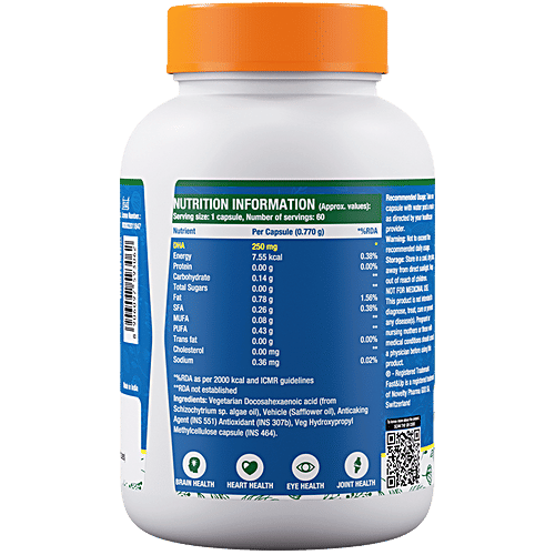 Fast&Up Vegan Omega - Marine Algae Source, 250mg DHA, Mercury Free, No Fishy After Taste, Liquid Filled, 60 Capsules  