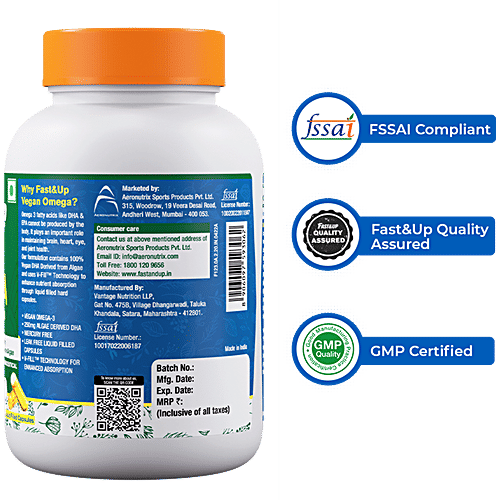 Fast&Up Vegan Omega - Marine Algae Source, 250mg DHA, Mercury Free, No Fishy After Taste, Liquid Filled, 60 Capsules  