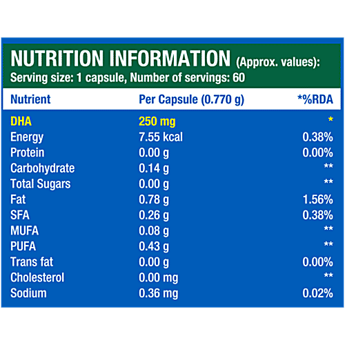 Fast&Up Vegan Omega - Marine Algae Source, 250mg DHA, Mercury Free, No Fishy After Taste, Liquid Filled, 60 Capsules  