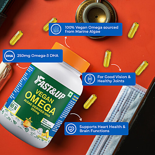 Fast&Up Vegan Omega - Marine Algae Source, 250mg DHA, Mercury Free, No Fishy After Taste, Liquid Filled, 60 Capsules  