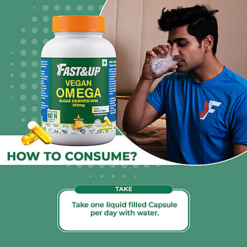 Fast&Up Vegan Omega - Marine Algae Source, 250mg DHA, Mercury Free, No Fishy After Taste, Liquid Filled, 60 Capsules  