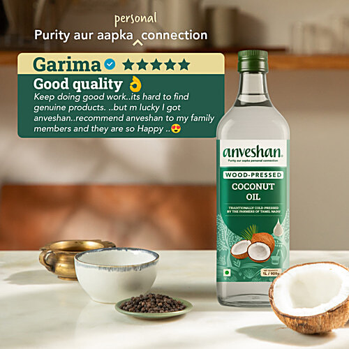 Anveshan Wood Cold Pressed Coconut Oil - For Hair, Skin, Cooking, 1 L Bottle 