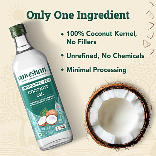 Anveshan Wood Cold Pressed Coconut Oil - For Hair, Skin, Cooking, 1 L Bottle 