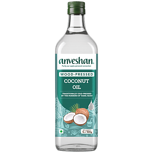 Anveshan Wood Cold Pressed Coconut Oil - For Hair, Skin, Cooking, 1 L Bottle 