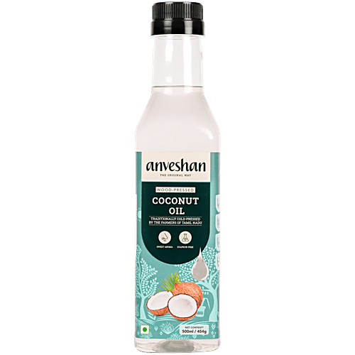 Anveshan Wood Cold Pressed Coconut Oil - For Hair, Skin, Cooking, 500 ml Bottle 