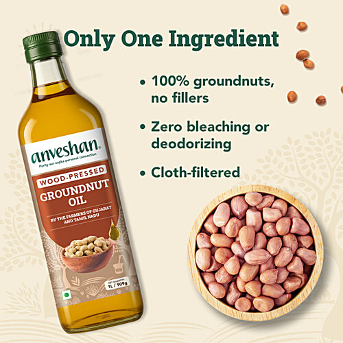 Anveshan Wood Cold Pressed Groundnut/Peanut Cooking Oil, 1 L Bottle 