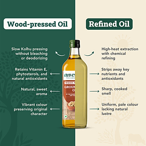 Anveshan Wood Cold Pressed Groundnut/Peanut Cooking Oil, 1 L Bottle 