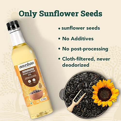 Anveshan Wood Cold Pressed Sunflower Cooking Oil - Heart-Healthy Good Fats, 1 L Glass Bottle 
