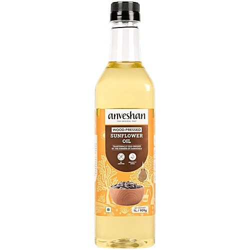 Anveshan Wood Cold Pressed Sunflower Cooking Oil - Heart-Healthy Good Fats, 1 L Glass Bottle 