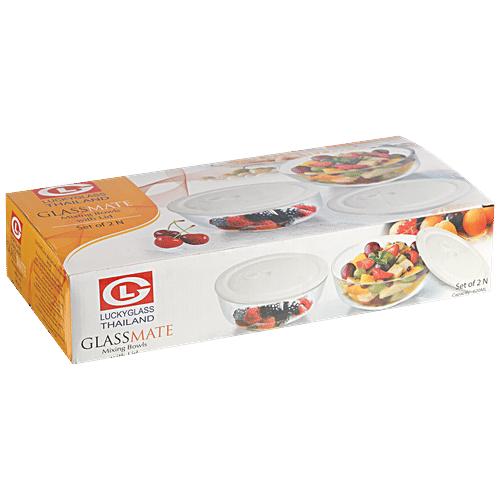 Lucky Glass Thailand Glassmate Mixing Bowls With Airtight Lid - Dishwasher & Microwave Safe, 620 ml (Set of 2)