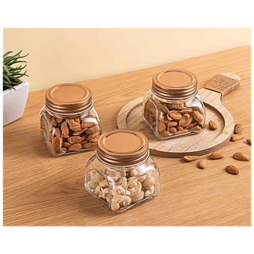 White Gold Glass Jar With Copper Colour Lid - 100% Food Grade Material, 250 ml (Set of 3) 