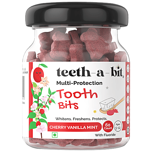 Teeth a Bit Kids Toothpaste - Multi-Protection Tooth Bits, Cherry Vanilla Mint, 5-12 Years, SLS Free, 60 pcs Bottle 