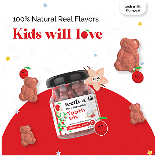Teeth a Bit Kids Toothpaste - Multi-Protection Tooth Bits, Cherry Vanilla Mint, 5-12 Years, SLS Free, 60 pcs Bottle 
