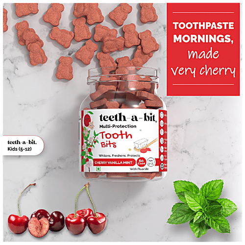 Teeth a Bit Kids Toothpaste - Multi-Protection Tooth Bits, Cherry Vanilla Mint, 5-12 Years, SLS Free, 60 pcs Bottle 