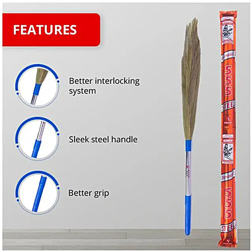 Monkey 555 International Grass Broom, Phool Jhadoo - Sleek Steel Handle, Comfortable Grip, Extra Long, 1 pc  Extra Long
 Sleek Steel Handle
 Premium Garo-Hill Grass