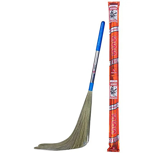 Monkey 555 International Grass Broom, Phool Jhadoo - Sleek Steel Handle, Comfortable Grip, Extra Long, 1 pc  Extra Long
 Sleek Steel Handle
 Premium Garo-Hill Grass