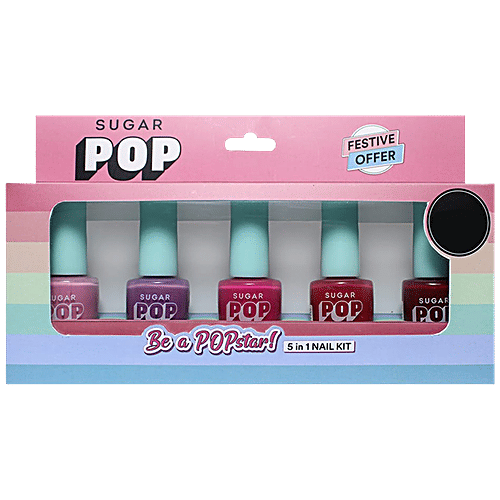 Sugar Pop 5 In 1 Nail Kit - 'Be A POPstar', Glossy Finish, Rich Pigment, Chip Resistant, Festive Offer, 10 ml (10mlx5)