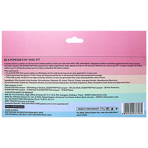 Sugar Pop 5 In 1 Nail Kit - 'Be A POPstar', Glossy Finish, Rich Pigment, Chip Resistant, Festive Offer, 10 ml (10mlx5)
