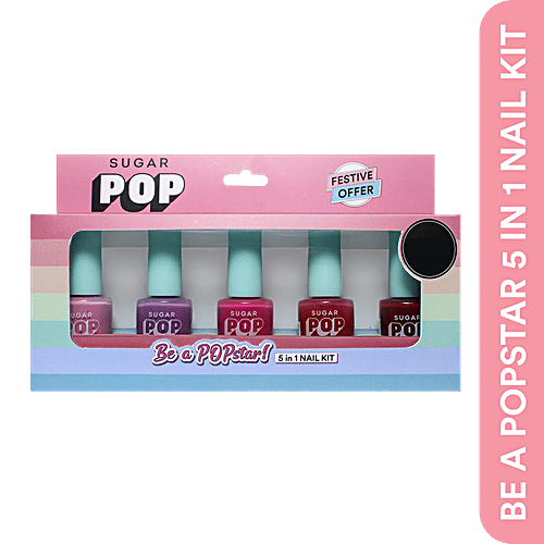 Sugar Pop 5 In 1 Nail Kit - 'Be A POPstar', Glossy Finish, Rich Pigment, Chip Resistant, Festive Offer, 10 ml (10mlx5)