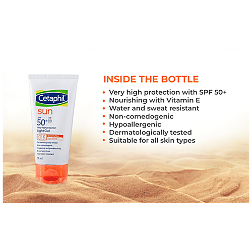 Cetaphil Sun PFf 50+ Light Gel - For Sensitive Skin, Body & Face, Broad Spectrum, High Protection, 50 ml  