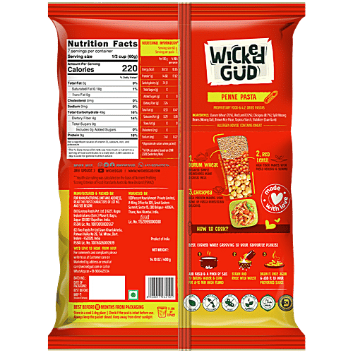WickedGud Penne Pasta - Goodness Of Durum Wheat, Red Lentil & Chickpea, Rich In Fibre, Protein, 400 g  
