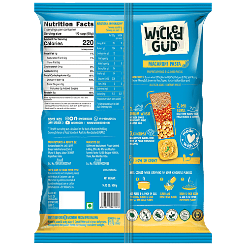 WickedGud Macaroni Pasta - Goodness Of Durum Wheat, Red Lentil & Chickpea, Rich In Fibre, Protein, 400 g